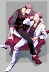 Rule 34 | 2boys, belt, black hair, black pants, black shirt, black vest, bn gi7, chair, collared shirt, dress shirt, dual persona, facial mark, facial tattoo, formal, frown, full body, grey background, grey shirt, head rest, highres, itadori yuuji, jacket, jujutsu kaisen, long sleeves, looking at another, multiple boys, pants, partially unbuttoned, pink hair, profile, red belt, red eyes, red footwear, ryoumen sukuna (jujutsu kaisen), shirt, shoes, short hair, simple background, sitting, sleeves rolled up, spiked hair, suit, tattoo, undercut, vest, white footwear, white jacket, white pants, white suit