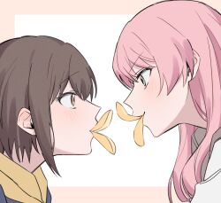 Rule 34 | 2girls, bak pep, bang dream!, bang dream! it&#039;s mygo!!!!!, blush, brown eyes, brown hair, chihaya anon, chips (food), commentary request, eye contact, food, food in mouth, grey eyes, korean commentary, long hair, looking at another, multiple girls, pink hair, pringle duck, short hair, takamatsu tomori