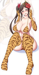 Rule 34 | 1girl, animal print, bare shoulders, bikini, black hair, blush, breasts, collarbone, curvy, dot nose, elbow gloves, female focus, full body, gloves, green eyes, hair ribbon, half-closed eyes, highres, horns, huge breasts, long hair, looking at viewer, mask, mask on head, micro bikini, murakumo (senran kagura), navel, oni, oni horns, oni mask, open mouth, ponponmaru, red ribbon, ribbon, senran kagura, side ponytail, sitting, solo, swimsuit, thick thighs, thighhighs, thighs, tiger print, underboob, white background, wide hips, zoom layer