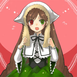 Rule 34 | 00s, 1girl, blush, brown hair, corset, dress, drill hair, frills, green dress, green eyes, heterochromia, lolita fashion, long hair, long sleeves, loo, open mouth, red eyes, rozen maiden, solo, suiseiseki, twin drills, twintails, very long hair