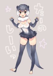Rule 34 | 10s, 1girl, :d, animal ears, black eyes, blush, breasts, cleavage, covered navel, elbow gloves, feet, fingerless gloves, frilled skirt, frills, full body, gloves, gradient hair, grey background, grey hair, kemono friends, looking at viewer, medium breasts, miniskirt, multicolored hair, no shoes, open mouth, otter ears, shirisensha, simple background, skirt, small-clawed otter (kemono friends), smile, solo, standing, swimsuit, text focus, thighhighs, toeless legwear, toes