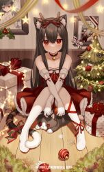 Rule 34 | 1girl, absurdres, animal ears, antlers, bare shoulders, bell, black hair, bow, box, cat ears, cat girl, cat tail, choker, christmas, christmas ornaments, christmas tree, collarbone, commentary request, copyright request, dress, elbow gloves, fur-trimmed dress, fur-trimmed gloves, fur trim, gift, gift box, gloves, hair between eyes, hair bow, highres, horns, indoors, jingle bell, knees together feet apart, knees up, long hair, miyayoki, neck bell, on floor, pantyhose, photo (object), red choker, red dress, red eyes, reindeer antlers, sitting, snowflakes, solo, star (symbol), strapless, strapless dress, striped, striped bow, stuffed animal, stuffed cat, stuffed toy, tail, very long hair, virtual youtuber, white gloves, white pantyhose, wooden floor, xingye (xing)