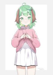 Rule 34 | 1girl, :3, adapted costume, ahoge, animal ears, artist name, blush, closed mouth, cowboy shot, dated, dog ears, dress, green eyes, green hair, highres, kasodani kyouko, long sleeves, looking at viewer, namauni, pink dress, short eyebrows, short hair, signature, solo, touhou, two-tone background, white dress
