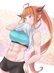 Rule 34 | 1girl, abs, ahoge, alternate costume, alternate hairstyle, bike shorts, black bow, black hairband, black shorts, blonde hair, blue sports bra, blunt bangs, blush, bow, bowtie, braid, breasts, bright pupils, clothes lift, commentary request, cowboy shot, crop top, diagonal-striped bow, dragon girl, dragon horns, french braid, gradient eyes, hair ornament, hairband, hand on own hip, hololive, horn bow, horn ornament, horns, kiryu coco, kyou fumei, large breasts, lifted by self, long hair, looking away, midriff, multicolored bow, multicolored eyes, multicolored hair, navel, orange hair, pointy ears, ponytail, purple eyes, red eyes, shirt, shirt lift, short shorts, shorts, smile, solo, sports bra, standing, stomach, streaked hair, striped, sweat, sweatdrop, toned, upper body, very long hair, virtual youtuber, white bow, white shirt, wiping sweat