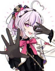 Rule 34 | 1girl, :d, ahoge, black gloves, bow, chain, chuunibyou, cropped jacket, eyepatch, gloves, gold chain, hand over eye, hand up, heart, heart ahoge, kiyukyuu, maria marionette, maria marionette (1st costume), nijisanji, nijisanji en, open mouth, outstretched hand, pink bow, pink hair, ponytail, purple eyes, reaching, reaching towards viewer, simple background, smile, solo, upper body, virtual youtuber, white background