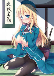 Rule 34 | 10s, 1girl, atago (kancolle), blonde hair, blue eyes, blush, breasts, gloves, hat, kantai collection, large breasts, long hair, looking at viewer, military, military uniform, murasakio, pantyhose, personification, sitting, smile, solo, torn clothes, torn pantyhose, uniform, wariza
