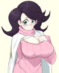 Rule 34 | 10s, 1girl, :&gt;, big hair, breasts, cleavage, cleavage cutout, clothing cutout, covered erect nipples, creatures (company), game freak, green eyes, huge breasts, long hair, mew-sama, nintendo, pink-framed eyewear, pokemon, pokemon sm, purple hair, ribbed sweater, smile, solo, sweater, turtleneck, turtleneck sweater, upper body, white background, wicke (pokemon)
