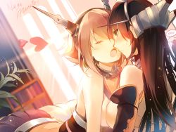 Rule 34 | 2girls, bare shoulders, black hair, blush, breasts, brown hair, elbow gloves, closed eyes, gloves, hair ornament, hairband, headgear, heart, imminent kiss, kantai collection, kirero, large breasts, long hair, multiple girls, mutsu (kancolle), nagato (kancolle), open mouth, red eyes, spoken blush, yuri