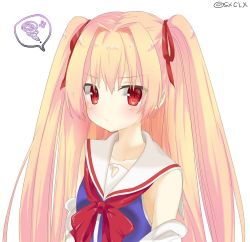Rule 34 | 1girl, bad id, bad pixiv id, blonde hair, bow, collarbone, commentary request, hair bow, hair ribbon, irotoridori no sekai, long hair, looking at viewer, mimelond, nikaidou shinku, red eyes, ribbon, school uniform, serafuku, simple background, solo, two side up, white background