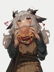 Rule 34 | 1girl, absurdres, animal ears, arknights, bird ears, blush, brown sweater, burger, food, grey hair, hands up, heart, highres, holding, holding food, long hair, long sleeves, looking at viewer, low twintails, ptilopsis (arknights), simple background, solo, sweater, togekk0, twintails, upper body, white background, yellow eyes