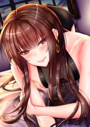 Rule 34 | 1girl, ahoge, bad id, bad pixiv id, bare shoulders, bed sheet, black dress, black ribbon, blunt bangs, blush, breasts, brown hair, chin gero, cleavage, closed mouth, collarbone, dress, dsr-50 (girls&#039; frontline), dsr-50 (highest bid) (girls&#039; frontline), earrings, evening gown, girls&#039; frontline, gold, highres, jewelry, large breasts, looking at viewer, official alternate costume, red eyes, ribbon, smile, solo, upper body, window