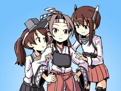Rule 34 | 10s, 3girls, brown eyes, brown hair, female focus, flat chest, gradient background, hachimaki, hands on own hips, headband, headgear, japanese clothes, kantai collection, light brown hair, multiple girls, muneate, pleated skirt, ryuujou (kancolle), sixten, skirt, smile, suspenders, taihou (kancolle), twintails, visor cap, zuihou (kancolle)