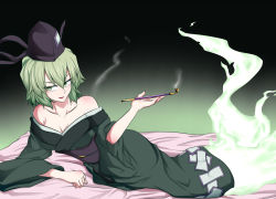 Rule 34 | 1girl, alternate costume, bare shoulders, benizuwai, black background, black hat, breasts, cleavage, clenched hand, collarbone, commentary request, full body, ghost tail, gradient background, green background, green eyes, green hair, green kimono, hair between eyes, hand up, hat, holding, japanese clothes, kimono, kiseru, lipstick, long sleeves, looking at viewer, lying, makeup, medium breasts, obi, off shoulder, ofuda, on side, parted lips, red lips, sash, short hair, slit pupils, smoke, smoking pipe, soga no tojiko, solo, tate eboshi, touhou, v-shaped eyebrows, wide sleeves