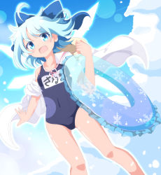 Rule 34 | 1girl, :d, ahoge, blue bow, blue eyes, blue hair, blue one-piece swimsuit, bow, breasts, cirno, collarbone, commentary request, do (4-rt), fang, hair bow, hat, highres, innertube, jacket, looking at viewer, name tag, off shoulder, one-piece swimsuit, open mouth, school swimsuit, short hair, single bare shoulder, small breasts, smile, solo, sun hat, swim ring, swimsuit, tan, tanned cirno, touhou, white jacket