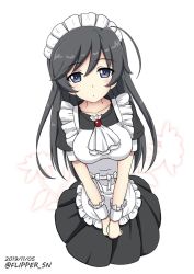 Rule 34 | 1girl, ahoge, alternate costume, apron, ascot, black dress, black eyes, black hair, closed mouth, commentary, dress, enmaided, flipper, frilled apron, frilled cuffs, frills, girls und panzer, isuzu hana, long hair, looking at viewer, maid, maid apron, maid headdress, no legs, one-hour drawing challenge, puffy sleeves, short dress, simple background, solo, standing, v arms, white ascot, white background, wrist cuffs