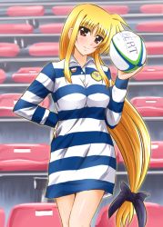 Rule 34 | 00s, 1girl, ball, blonde hair, blush, bow, breasts, collared shirt, diesel-turbo, fate testarossa, hair bow, hand on own hip, head tilt, holding, holding ball, large breasts, long hair, looking at viewer, low-tied long hair, lyrical nanoha, mahou shoujo lyrical nanoha strikers, mizuki nana, naked shirt, no pants, patch, red eyes, rugby, rugby ball, rugby uniform, shirt, sidelocks, smile, solo, sportswear, striped clothes, striped shirt, very long hair, voice actor connection