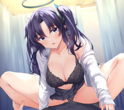 Rule 34 | 1boy, 1girl, black bra, black panties, black skirt, blue archive, blue eyes, blue hair, bra, breasts, cleavage, girl on top, highres, irohara, large breasts, long hair, open clothes, open shirt, panties, shirt, skirt, squatting cowgirl position, sweat, thighs, two side up, underwear, white shirt, yuuka (blue archive)