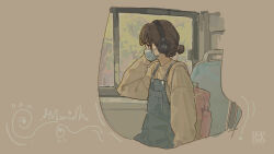 1girl absurdres backpack bag brown_hair flat_chest hair_bun highres hua_ming_wink mask mouth_mask muted_color original profile single_hair_bun solo surgical_mask sweater yellow_sweater