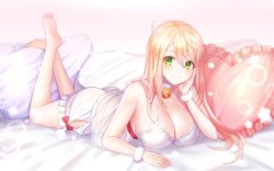 Rule 34 | 1girl, absurdres, ahoge, bad id, bad pixiv id, bell, bindong, blonde hair, breasts, choker, cleavage, closers, full body, green eyes, hair between eyes, hand on own cheek, hand on own face, head rest, heart, heart-shaped pillow, highres, large breasts, lying, neck bell, on stomach, pillow, see-through, smile, solo, soma (closers), tagme, the pose