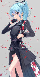 Rule 34 | 1girl, barbell piercing, black gloves, black nails, black shirt, black shorts, black skirt, blue eyes, blue hair, ear piercing, falling petals, floral print, gloves, grey background, hair ribbon, half gloves, high ponytail, highres, hololive, hoshimachi suisei, hoshimachi suisei (shout in crisis), industrial piercing, long sleeves, official alternate costume, official alternate hairstyle, petals, piercing, ribbon, rose petals, rose print, shirt, short shorts, shorts, simple background, single glove, single half glove, skirt, solo, star (symbol), star in eye, symbol in eye, thighs, virtual youtuber, yellow takano