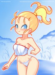 Rule 34 | 1girl, blonde hair, blue background, blue eyes, blue shirt, blush, breasts, chrono trigger, cleavage, collarbone, drantyno, grass, highres, long hair, looking at viewer, marle (chrono trigger), medium breasts, midriff, navel, panties, ponytail, shirt, smile, square enix, standing, strapless, tube top, underwear, white panties