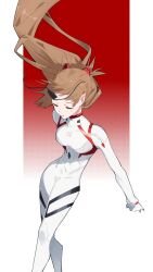 Rule 34 | 1girl, aoi (altea0923), bodysuit, breasts, brown hair, closed eyes, evangelion: 3.0+1.0 thrice upon a time, eyepatch, highres, interface headset, long hair, medium breasts, neon genesis evangelion, official alternate costume, pilot suit, plugsuit, rebuild of evangelion, simple background, solo, souryuu asuka langley, white bodysuit