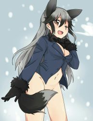Rule 34 | 10s, 1girl, :d, animal ears, black bow, black gloves, black neckwear, black tail, blue shirt, bottomless, bow, breasts, cleavage, commentary request, convenient censoring, fox ears, fox tail, fur-trimmed sleeves, fur trim, gloves, grey hair, hair between eyes, kemono friends, looking at viewer, medium breasts, naked shirt, navel, one eye closed, open mouth, roku kyuu, shirt, silver fox (kemono friends), smile, solo, standing, stomach, tail, tail censor