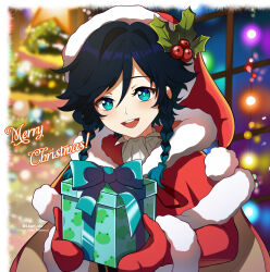 Rule 34 | 1boy, absurdres, aqua eyes, black hair, blue hair, braid, capelet, christmas, christmas tree, genshin impact, gift, gloves, gradient hair, hat, highres, holding, holding gift, jacket, lkari shi, long sleeves, looking at viewer, male focus, merry christmas, multicolored hair, open mouth, red capelet, red gloves, red jacket, red shirt, santa costume, santa hat, shirt, smile, solo, twin braids, venti (genshin impact)