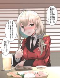 Rule 34 | 1girl, alcohol, beer, beer mug, blush, chopsticks, commentary request, cup, drunk, girls&#039; frontline, grey hair, griffin &amp; kryuger military uniform, helianthus (girls&#039; frontline), highres, military, military uniform, monocle, mug, necktie, pointing, pointing at self, solo, speech bubble, take (trude1945oneetyan), translation request, uniform