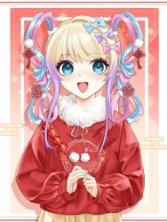 Rule 34 | 1girl, :d, blonde hair, blue bow, blue eyes, blue hair, bow, chinese clothes, chouzetsusaikawa tenshi-chan, commentary request, food, fur collar, gradient hair, hair bow, highres, holding, holding food, jacket, long hair, long sleeves, looking at viewer, mofa shaonu xiao die, multicolored hair, needy girl overdose, official alternate costume, official alternate hairstyle, open mouth, pink bow, pink hair, pom pom (clothes), purple bow, purple hair, red jacket, smile, solo, upper body