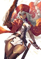 Rule 34 | 1girl, ahoge, bare shoulders, boots, braid, breasts, cowboy shot, dark-skinned female, dark skin, dual wielding, expressionless, fate/grand order, fate (series), floating hair, gloves, gun, hair between eyes, heirou, holding, holding gun, holding sword, holding weapon, lakshmibai (fate), light particles, long hair, looking at viewer, red eyes, red turban, sidelocks, sleeveless, solo, sword, thigh boots, thighhighs, turban, twin braids, very long hair, weapon, white gloves, white hair, wind, wind lift