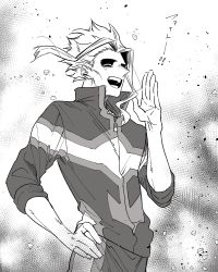 Rule 34 | 1boy, biru (k22 t20), boku no hero academia, closed eyes, cowboy shot, greyscale, hand on own hip, hand up, highres, jacket, making-of available, male focus, monochrome, open mouth, pants, short hair, smile, solo, standing, teeth, white background, yagi toshinori