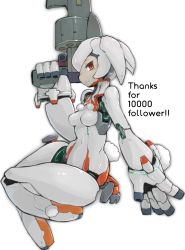 Rule 34 | 1girl, blush, breasts, commentary request, milestone celebration, from side, gun, gunslinger stratos, highres, holding, holding gun, holding weapon, looking at viewer, no feet, profile, red eyes, robot, short hair, simple background, small breasts, smile, solo, weapon, white background, xi-988, yeti (mu kaiten)