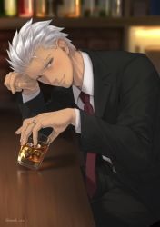 Rule 34 | 1boy, alcohol, archer (fate), black jacket, black pants, blurry, blurry background, blush, collared shirt, dark-skinned male, dark skin, fate/stay night, fate (series), formal, glass, grey hair, highres, holding, indoors, jacket, jewelry, long sleeves, looking at viewer, male focus, mondi hl, necktie, pants, red necktie, ring, shirt, short hair, sitting, smile, solo, white hair, white shirt