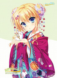 Rule 34 | 1girl, 2019, alternate costume, alternate hairstyle, animal, aqua kimono, artist name, blonde hair, blue eyes, blush, blush stickers, braid, chinese zodiac, company name, copyright name, cowboy shot, dated, double bun, eyelashes, eyes visible through hair, fingernails, floral print, flower, green background, hair between eyes, hair bun, hair flower, hair ornament, hands up, highres, holding, holding animal, japanese clothes, kanzashi, kimono, kin-iro loveriche, kisaki reina, long hair, long sleeves, looking at viewer, mouse, multicolored clothes, multicolored kimono, official art, open hands, parted lips, pink flower, polka dot, polka dot background, purple flower, purple rose, rose, side braid, sidelocks, simple background, solo, toranosuke, translation request, white flower, white kimono, wide sleeves, year of the rat, yellow flower