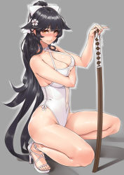 Rule 34 | 1girl, azur lane, bare arms, bare shoulders, black hair, blush, bokken, bow, breasts, brown eyes, casual one-piece swimsuit, cleavage, closed mouth, criss-cross halter, full body, grey background, hair bow, hair flaps, hair ribbon, halterneck, hayama kazusa, high ponytail, highleg, highleg swimsuit, highres, holding, holding sword, holding weapon, horizon, large breasts, light frown, long hair, looking at viewer, navel, nose blush, ocean, one-piece swimsuit, ponytail, ribbon, shadow, shiny skin, simple background, solo, squatting, straight hair, swimsuit, sword, takao (azur lane), takao (beach rhapsody) (azur lane), toeless footwear, toes, very long hair, weapon, white bow, white one-piece swimsuit, white ribbon, wooden sword