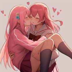 Rule 34 | 2girls, arm around back, asymmetrical bangs, black socks, blush, bocchi the rock!, bow, carrying, carrying person, closed eyes, commentary, couple, cube hair ornament, drooling, gotoh hitori, hair ornament, hand on another&#039;s thigh, hand on back, happy, heart, hug, jacket, kiss, kita ikuyo, legs, legs folded, lifting person, long hair, milktea (gggrrr2000), miniskirt, multiple girls, neckerchief, octopus, open mouth, pink hair, pleated skirt, ponytail, princess carry, red hair, sailor collar, school uniform, serafuku, shuka high school uniform, side ponytail, sidelocks, simple background, skirt, socks, thighs, track jacket, upper body, upskirt, white sailor collar, yuri