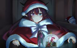 Rule 34 | 1girl, absurdres, blue eyes, blush, bow, capelet, frown, fur trim, hat, heterochromia, highres, hololive, hololive english, irys (hololive), jan azure, looking down, meme, pointy ears, pondering my orb (meme), purple eyes, red capelet, red hat, santa hat, sitting, snow globe, solo, tolkien&#039;s legendarium, virtual youtuber, white bow
