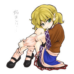 Rule 34 | 1girl, bad id, bad pixiv id, blonde hair, blue skirt, blush, brown shirt, female focus, full body, green eyes, head tilt, hugging own legs, knees to chest, knees up, looking at viewer, mary janes, mizuhashi parsee, niji (nijioki), pointy ears, shirt, shoes, short hair, short sleeves, simple background, skirt, solo, tears, touhou, white hair