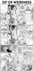 Rule 34 | 2girls, 3koma, :d, absurdres, band shirt, beer glass, bodysuit, breasts, choker, cleavage, comic, commentary, cosplay, couple, cup, dress, drunk, ear piercing, english commentary, english text, floral print, greyscale, grs-, happy, height difference, helmet, highres, holding, holding cup, large breasts, long hair, looking at another, medium hair, merchandise, mighty morphin power rangers, monochrome, multiple girls, open mouth, original, piercing, pink ranger, pink ranger (cosplay), ponytail, power rangers, print dress, queen (band), right-to-left comic, sharon (grs-), skin tight, smile, speech bubble, squeans, sweatdrop, talia (grs-), tank top, teeth, the white stripes, upper teeth only, yuri