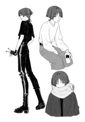 1boy alternate_costume arms_at_sides belt belt_boots blunt_ends boots closed_eyes closed_mouth coat cropped_legs cropped_torso cup expressionless facing_viewer fingerless_gloves fingernails from_side full_body genshin_impact gloves hair_intakes highres holding holding_cup lapels long_sleeves male_focus monochrome multicolored_hair multiple_views pants scaramouche_(genshin_impact) scarf scarf_over_mouth shirt solo streaked_hair t-shirt te1081 three_quarter_view tongue tongue_out