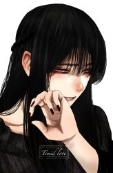 Rule 34 | 1girl, black dress, black hair, braid, brown nails, dress, fingernails, grey eyes, hand up, highres, hoshi san 3, long hair, long sleeves, looking at viewer, nail polish, original, parted lips, simple background, solo, white background, wrist cutting