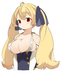 Rule 34 | 1girl, bare shoulders, blonde hair, breasts, character request, cleavage, collarbone, covered erect nipples, large breasts, long hair, mota, red eyes, simple background, skindentation, solo, twintails, white background