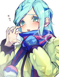Rule 34 | 1boy, aqua eyes, blue hair, blue mittens, blush, creatures (company), game freak, grusha (pokemon), long hair, long sleeves, looking at viewer, mittens, nintendo, open mouth, pokemon, pokemon sv, scarf, simple background, solo, striped clothes, striped scarf, teeth, trap, white background, yoruhachi