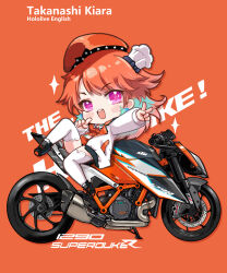 Rule 34 | 1girl, absurdres, beret, blush, character name, chef hat, chibi, copyright name, earrings, english text, feather earrings, feathers, finger to mouth, gradient hair, hat, highres, hololive, hololive english, jacket, jewelry, ktm 1290 superduke, ktm ag, long hair, looking at viewer, motor vehicle, motorcycle, multicolored hair, multiple hats, on motorcycle, open mouth, orange background, orange hair, pink eyes, reclining, sitting, sitting backwards, sparkle, takanashi kiara, takanashi kiara (1st costume), thighhighs, v, virtual youtuber, white jacket, white thighhighs, yoyoko707