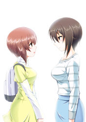 Rule 34 | 10s, 2girls, backpack, bag, blue skirt, blush, brown eyes, brown hair, casual, dress, from side, gakuzan, girls und panzer, highres, layered dress, layered sleeves, long sleeves, multiple girls, nishizumi maho, nishizumi miho, open mouth, shirt, short dress, short hair, short over long sleeves, short sleeves, siblings, simple background, sisters, skirt, smile, standing, striped clothes, striped shirt, upper body, white background, white shirt, yellow dress