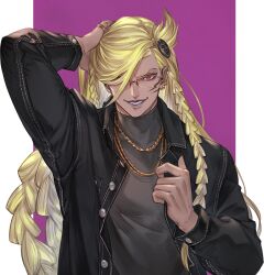 Rule 34 | 1boy, arm up, beelzebub (granblue fantasy), bishounen, black jacket, blonde hair, braid, chain, dark skin, denim, denim jacket, earrings, evil smile, facial mark, glasses, gold chain, granblue fantasy, hair ornament, hair over one eye, hand on own head, holding, holding clothes, jacket, jewelry, lipstick, long hair, looking at viewer, low-braided long hair, low-tied long hair, makeup, male focus, messy hair, minaba hideo, multiple braids, official art, parted bangs, promotional art, purple background, purple lips, red eyes, ring, round eyewear, smile, smirk, transparent background, turtleneck, upper body, very long hair