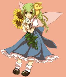 Rule 34 | 1girl, bad id, bad pixiv id, bow, daiyousei, dress, fairy wings, female focus, flower, green eyes, green hair, hair bow, mary janes, matching hair/eyes, open mouth, puffy sleeves, shoes, short hair, short sleeves, side ponytail, socks, solo, sunflower, touhou, tsukiori, white socks, wings