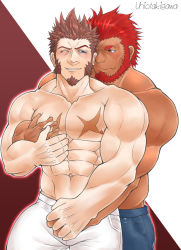 Rule 34 | 2boys, :s, abs, bad id, bad pixiv id, bara, beard, blue eyes, blush, brown hair, facial hair, fate/grand order, fate (series), goatee, grabbing, hand grab, holding hands, interlocked fingers, iskandar (fate), long sideburns, looking at another, male focus, multiple boys, muscular, napoleon bonaparte (fate), navel, nipples, pants, pectoral grab, pectorals, scar, sideburns, simple background, smile, thick thighs, thighs, tight clothes, ushio takigawa, white pants, yaoi
