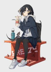 Rule 34 | 1girl, animal, black hair, black pantyhose, blue jacket, blue skirt, blush, bottle, brown hair, chopsticks, commentary request, cup, disposable cup, full body, grey background, grey eyes, highres, holding, holding chopsticks, holding cup, hood, hood down, hoodie, jacket, lizard, looking at viewer, multicolored hair, nissin cup noodle, open clothes, open jacket, original, pantyhose, parted lips, pleated skirt, popman3580, shoes, simple background, skirt, solo, steel beam, two-tone hair, white footwear, white hoodie